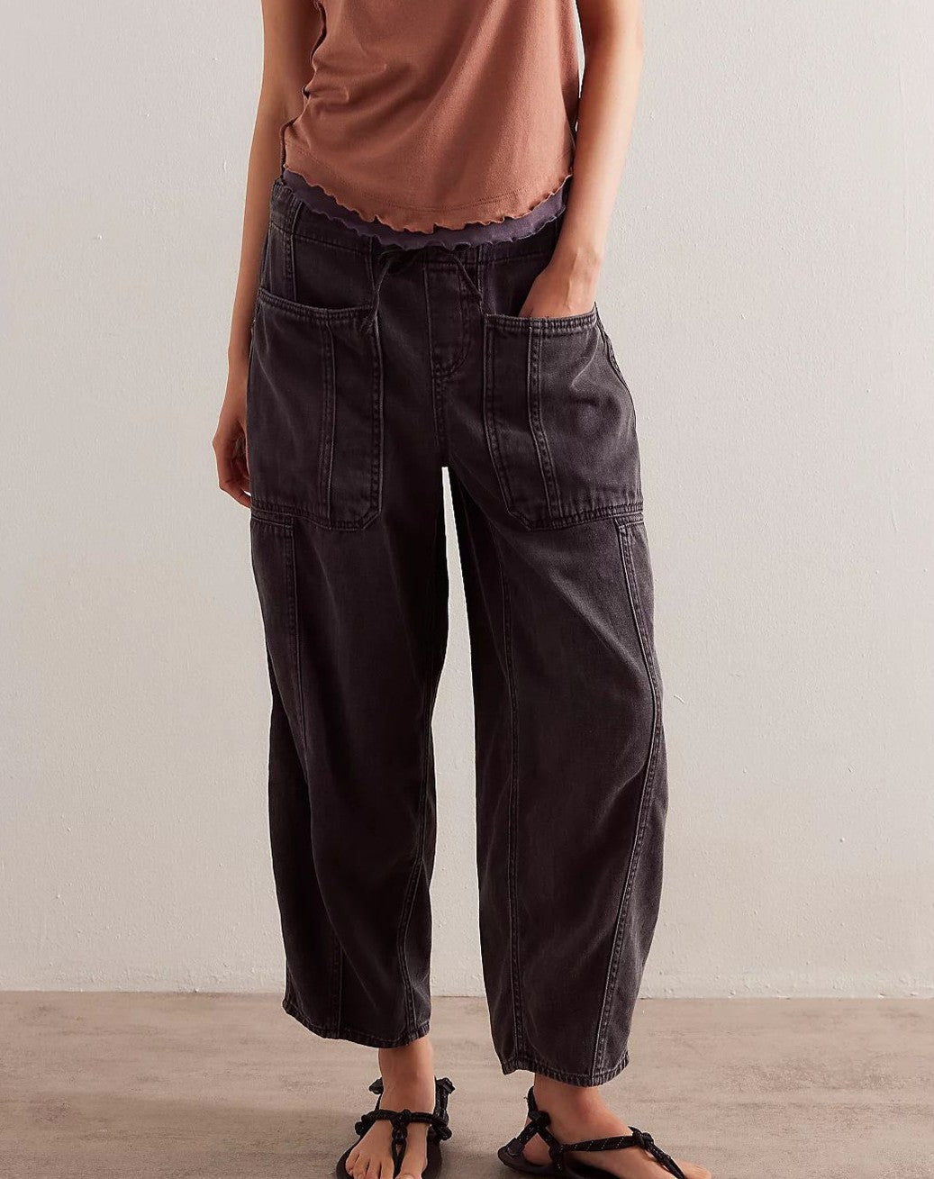 Drawstring Waist Barrel Leg Jeans - Black