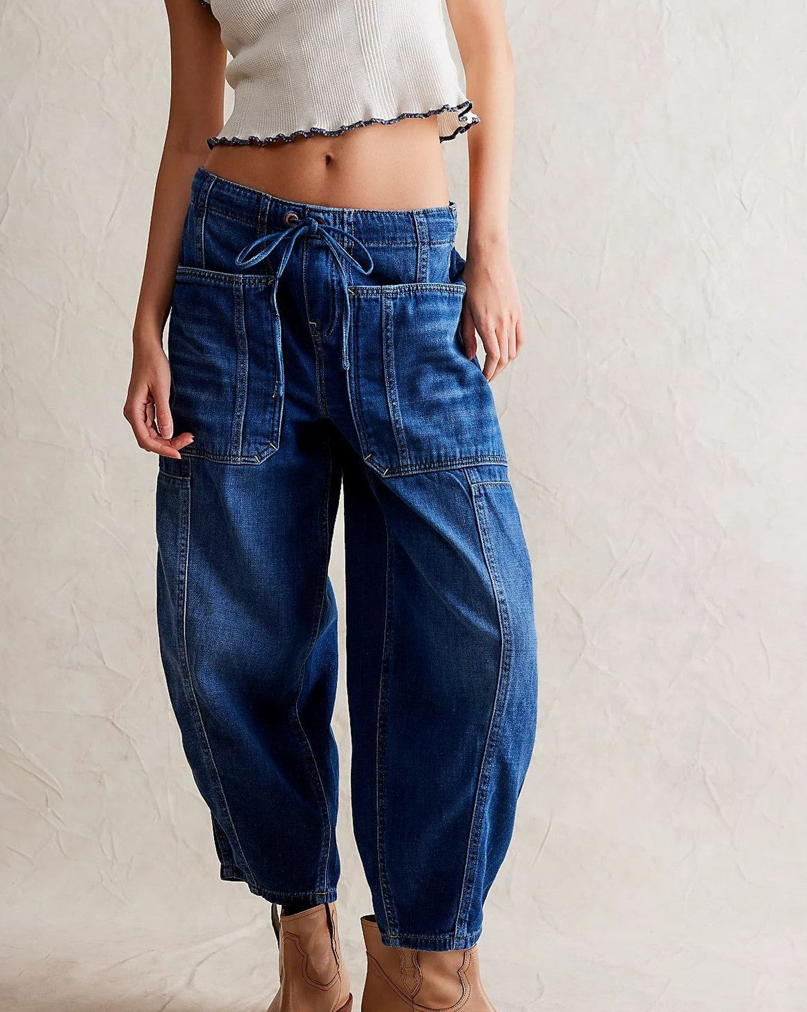 Drawstring Waist Barrel Leg Jeans - Blue