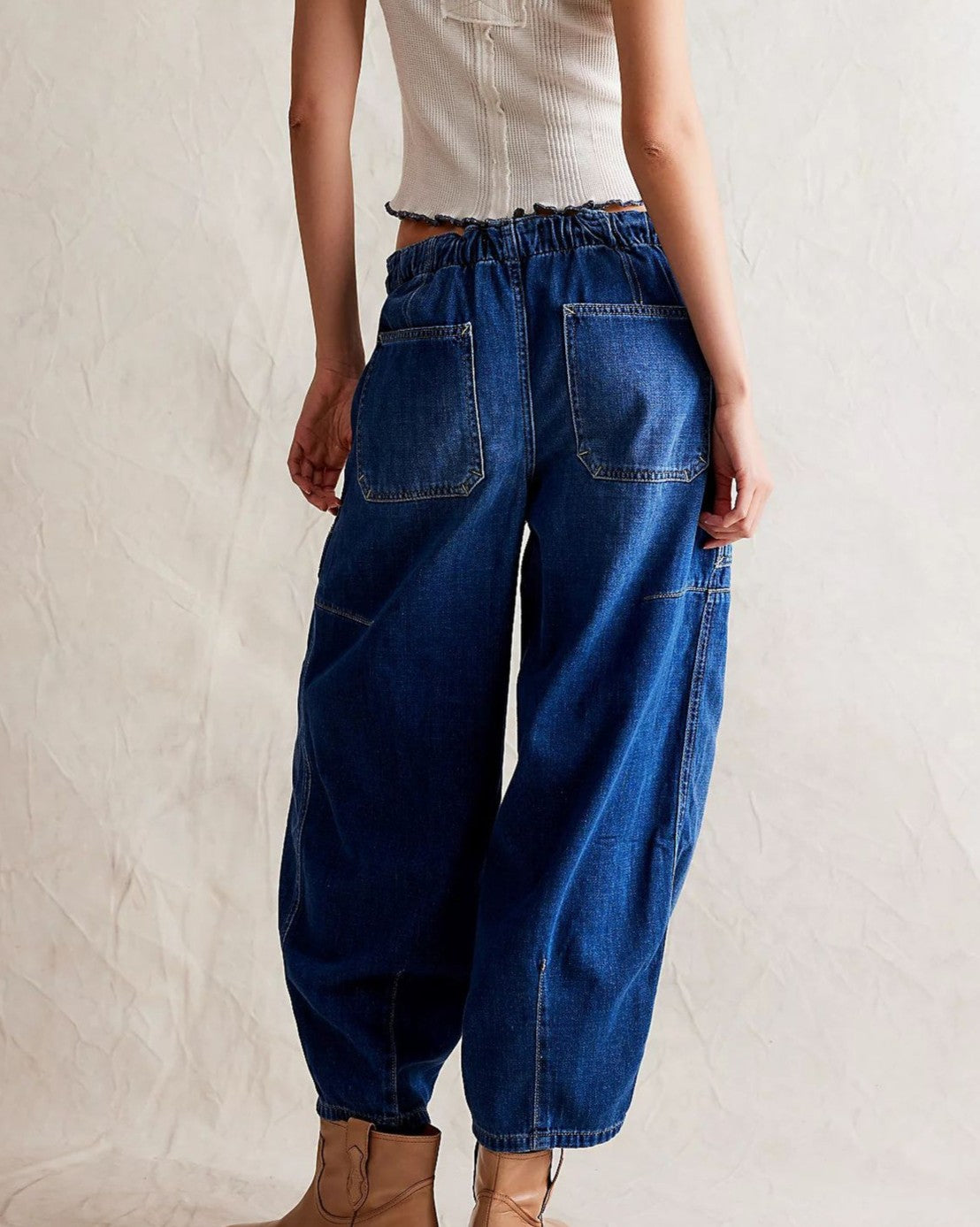 Drawstring Waist Barrel Leg Jeans - Blue - 1