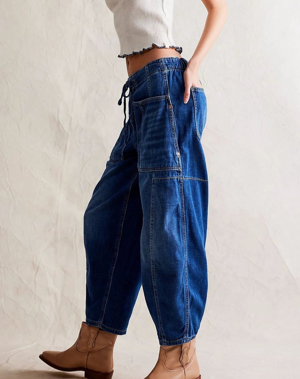 Drawstring Waist Barrel Leg Jeans - Blue - 2