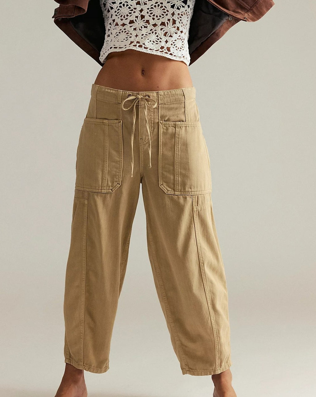 Drawstring Waist Barrel Leg Jeans - Khaki