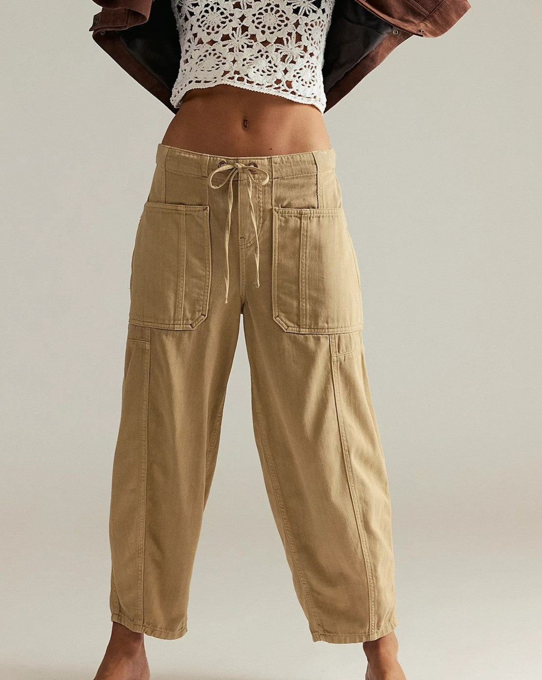 Drawstring Waist Barrel Leg Jeans - Khaki