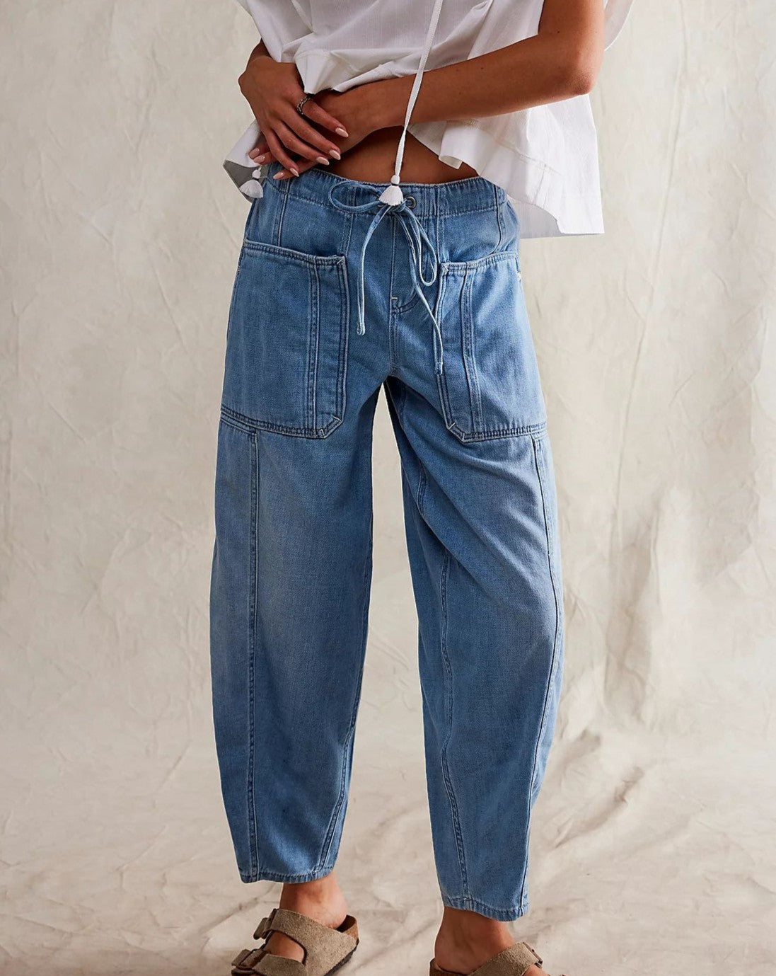 Drawstring Waist Barrel Leg Jeans - Lightblue