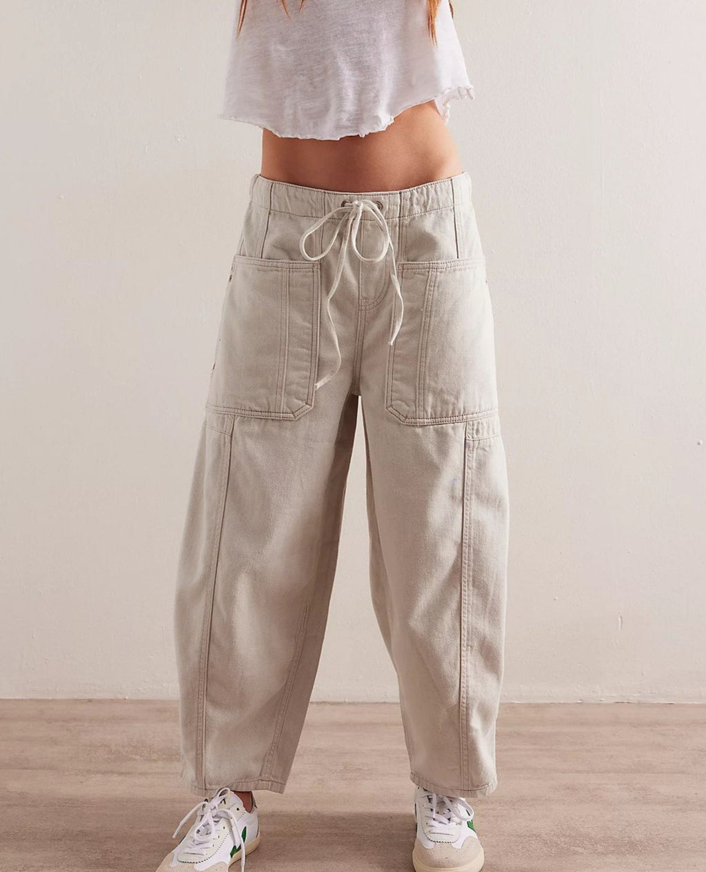 Drawstring Waist Barrel Leg Jeans - White