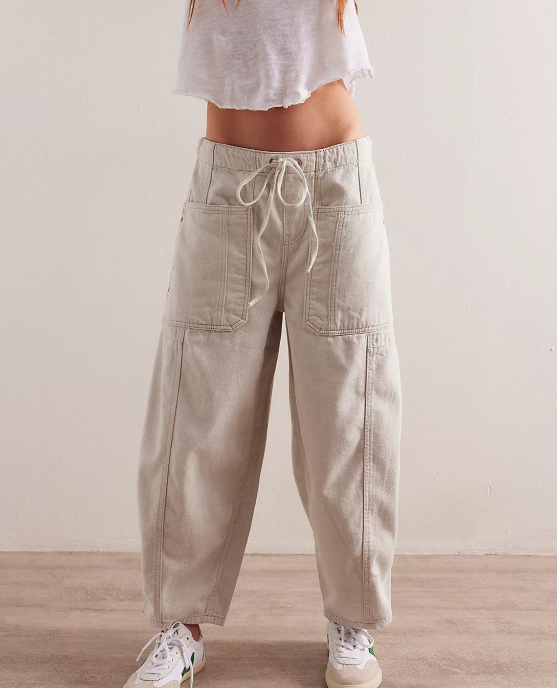 Drawstring Waist Barrel Leg Jeans - White