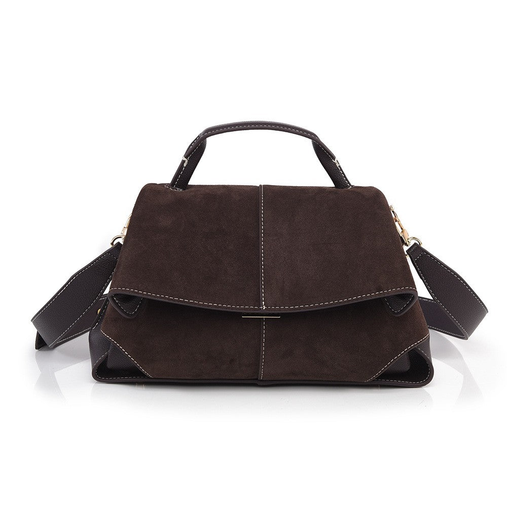 Faux Suede Flap Top Handle Satchel - Coffee