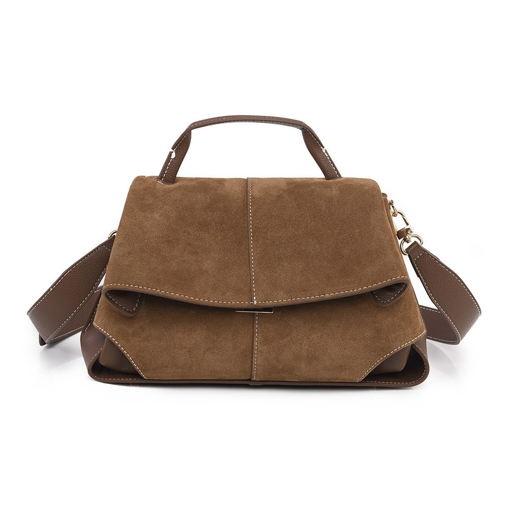 Faux Suede Flap Top Handle Satchel - Tan