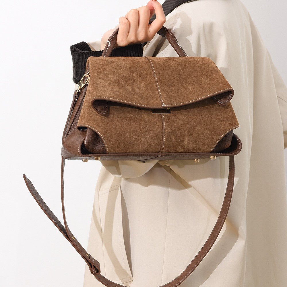 Faux Suede Flap Top Handle Satchel