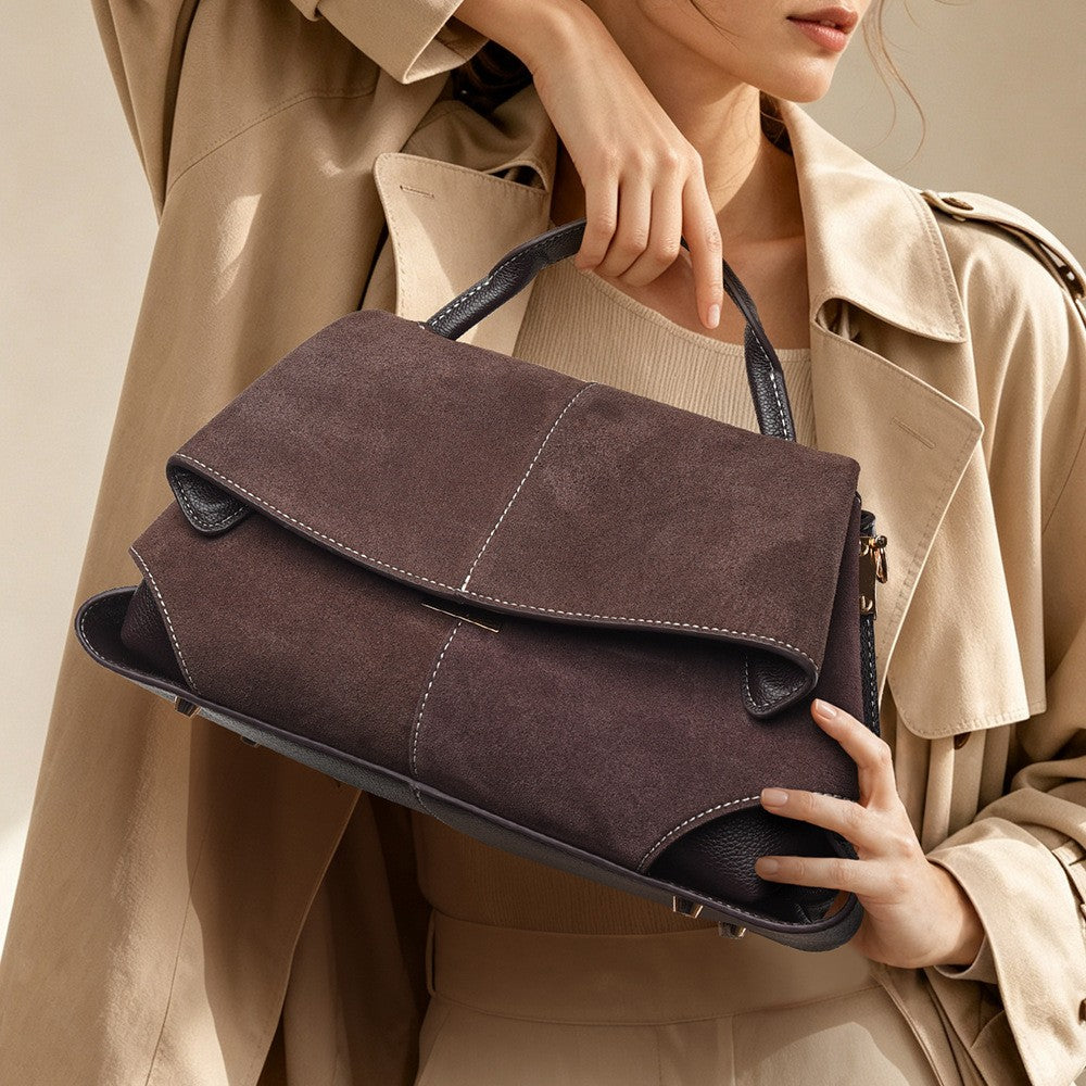 Faux Suede Flap Top Handle Satchel