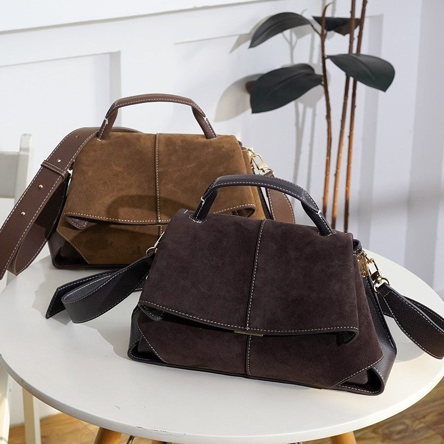 Faux Suede Flap Top Handle Satchel