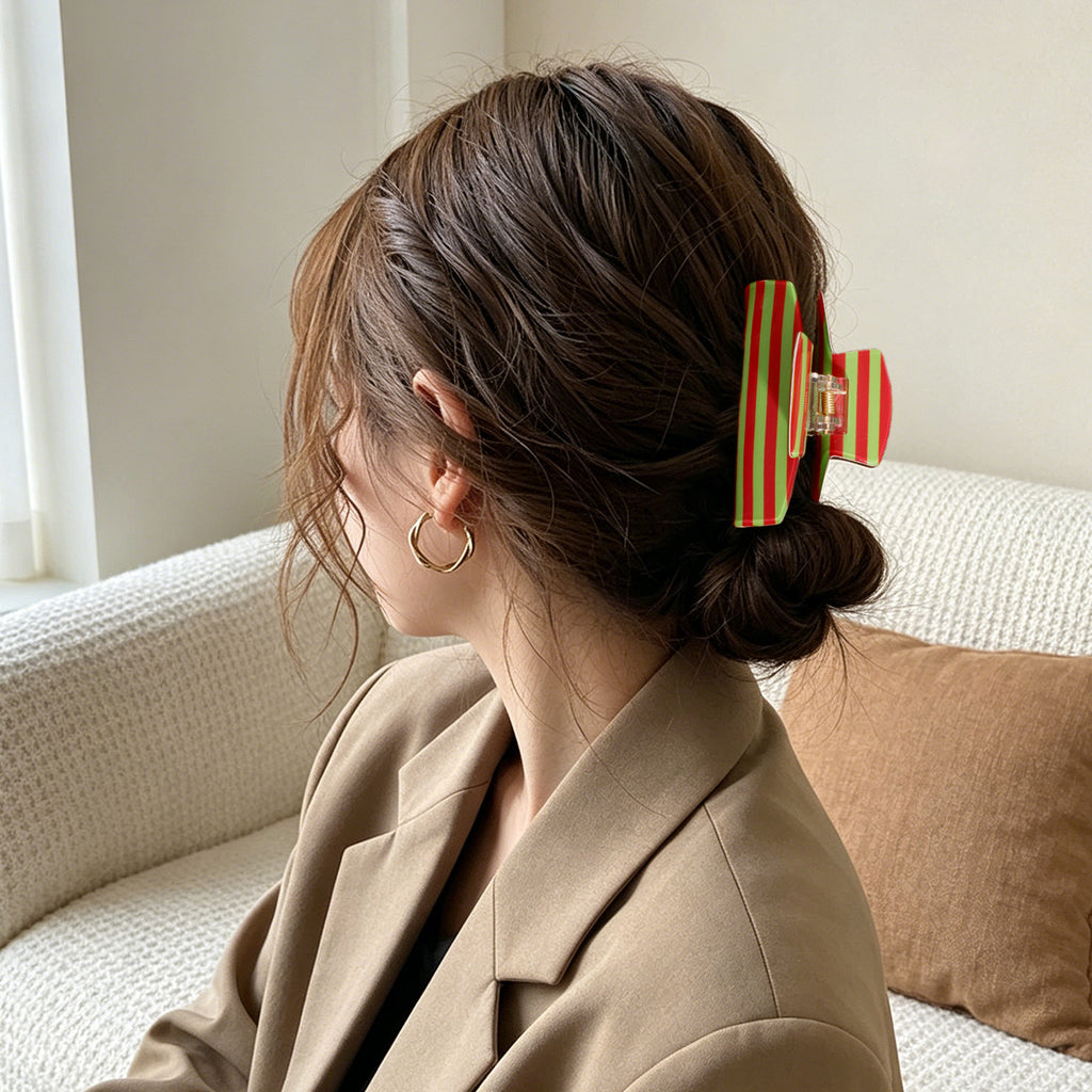 Retro Two-Tone Striped Large Hair Claw Clip - Red_Green
