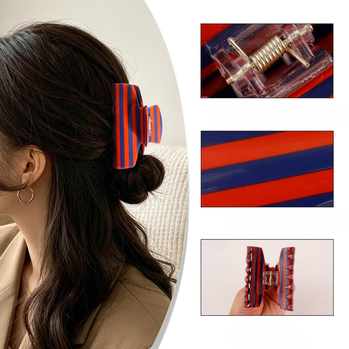 Retro Two-Tone Striped Large Hair Claw Clip - Red_Navy - 1