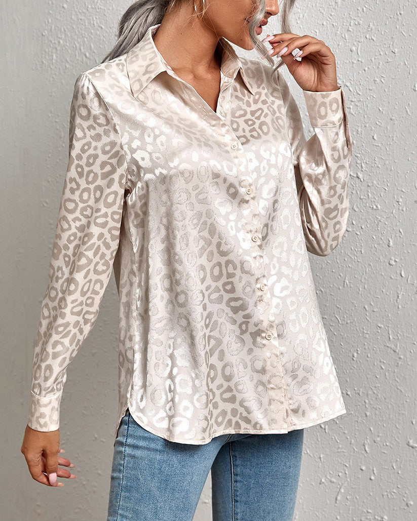 Silky Jacquard Animal Print Button Up Shirt - Apricot
