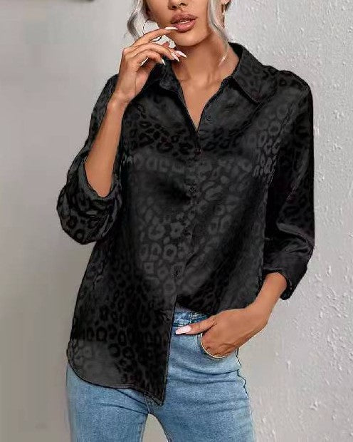 Silky Jacquard Animal Print Button Up Shirt - Black