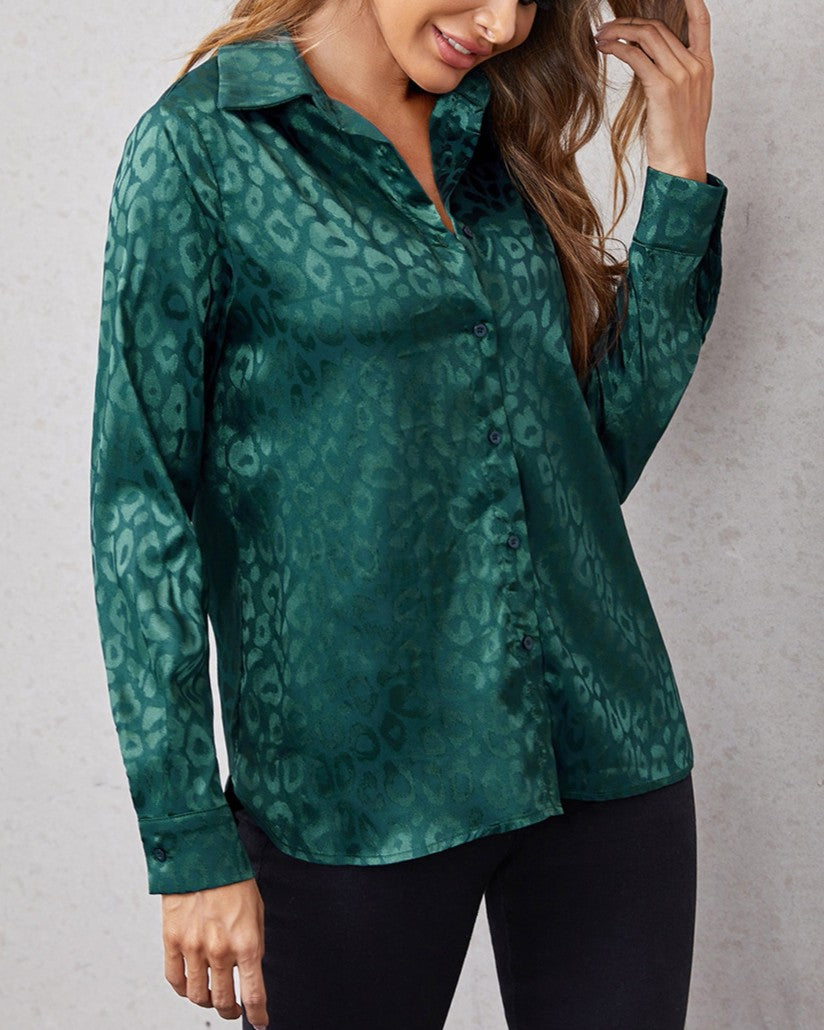 Silky Jacquard Animal Print Button Up Shirt - Dark-Green