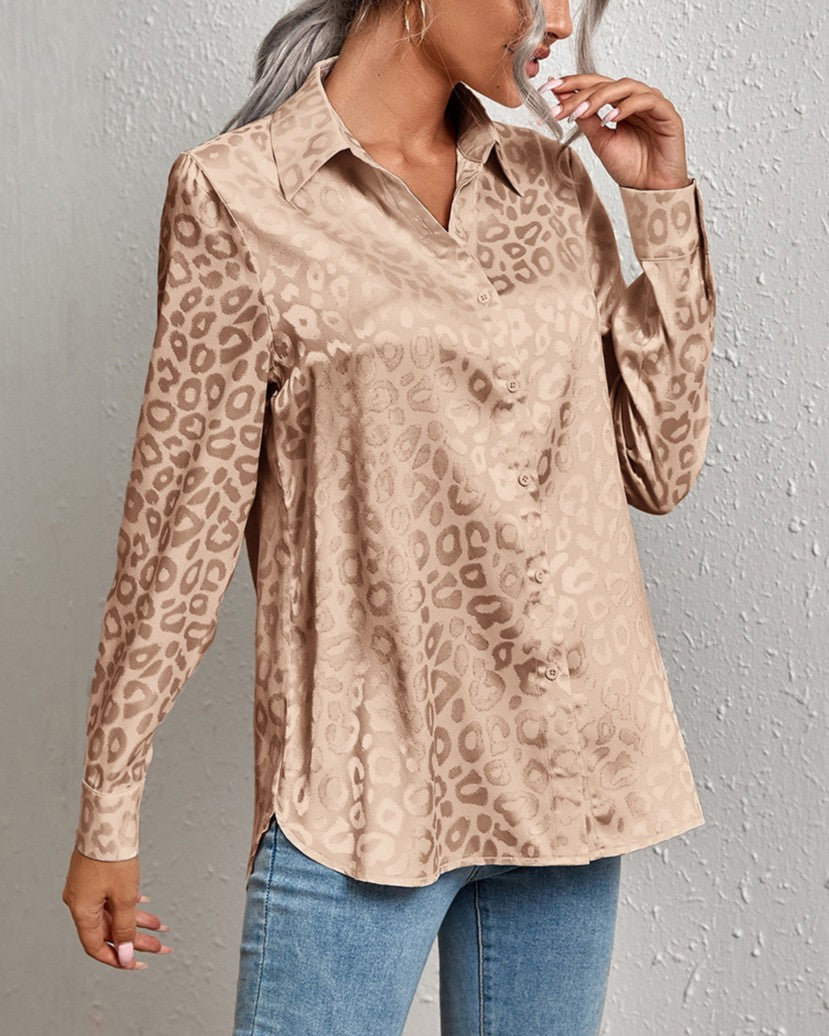 Silky Jacquard Animal Print Button Up Shirt - Khaki