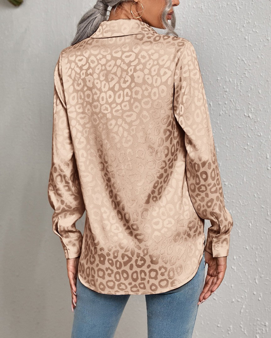 Silky Jacquard Animal Print Button Up Shirt - Khaki - 1