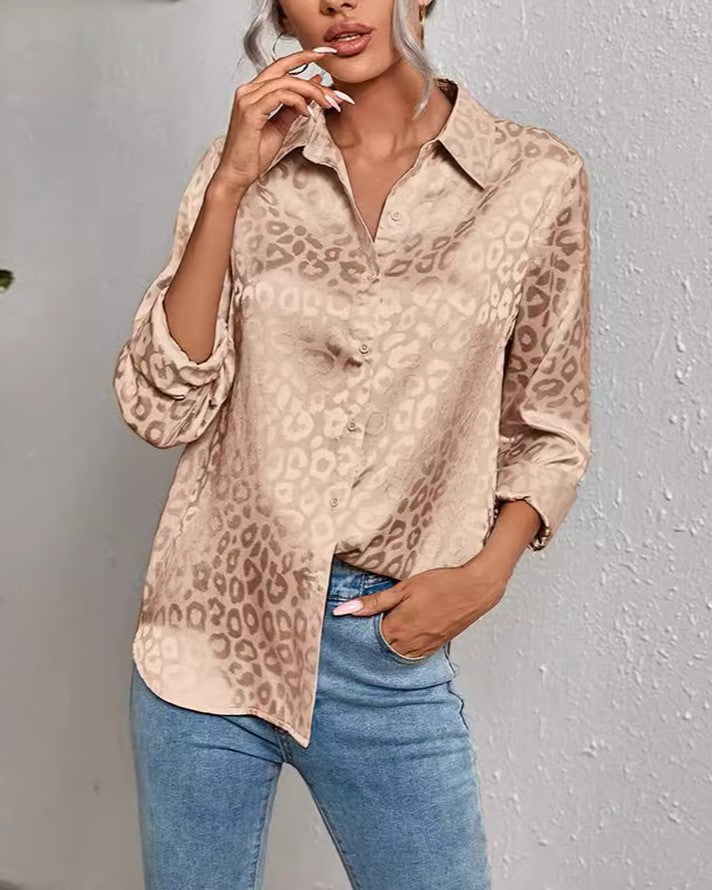 Silky Jacquard Animal Print Button Up Shirt - Khaki - 2