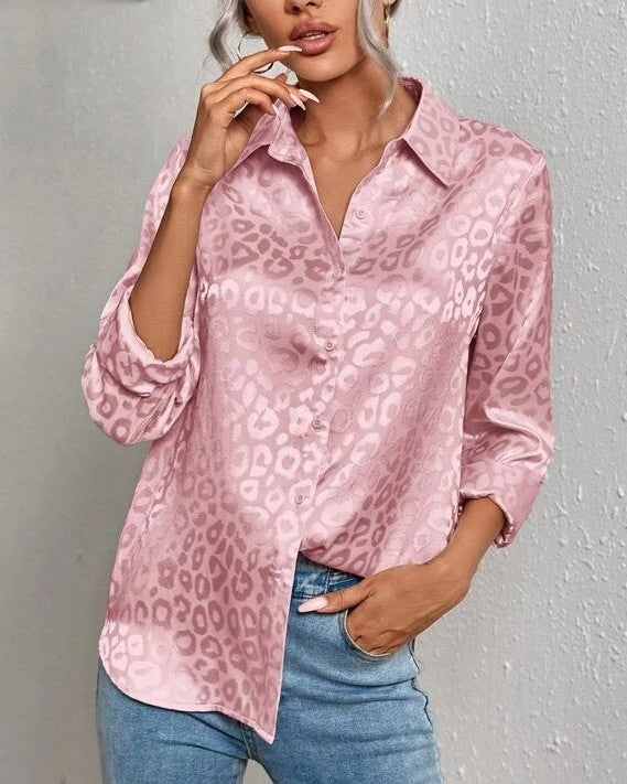 Silky Jacquard Animal Print Button Up Shirt - Pink