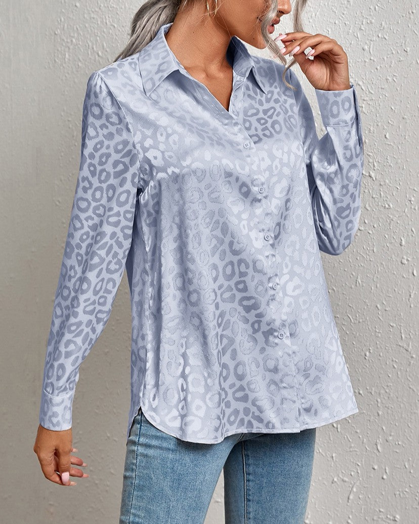Silky Jacquard Animal Print Button Up Shirt - PowderBlue