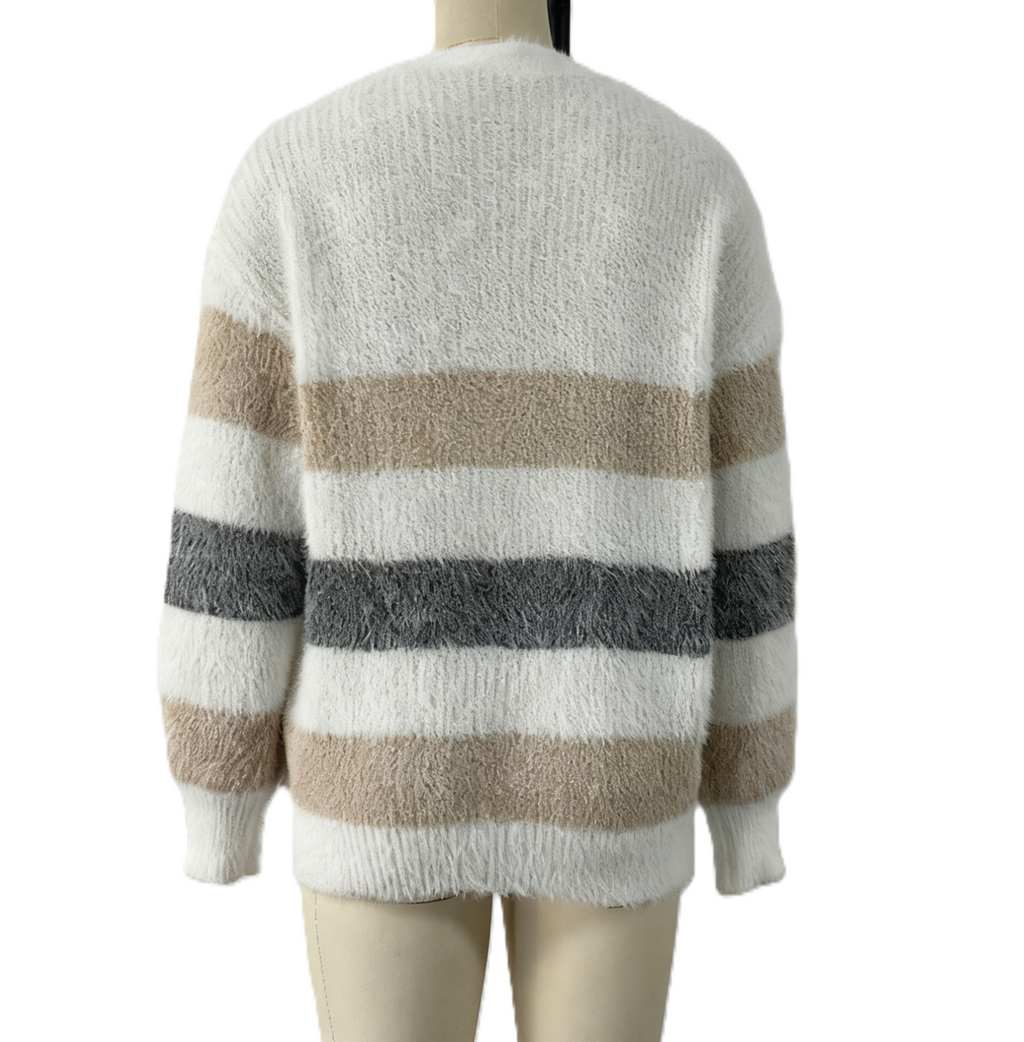 Fuzzy Striped V Neck Button Cardigan - Khaki
