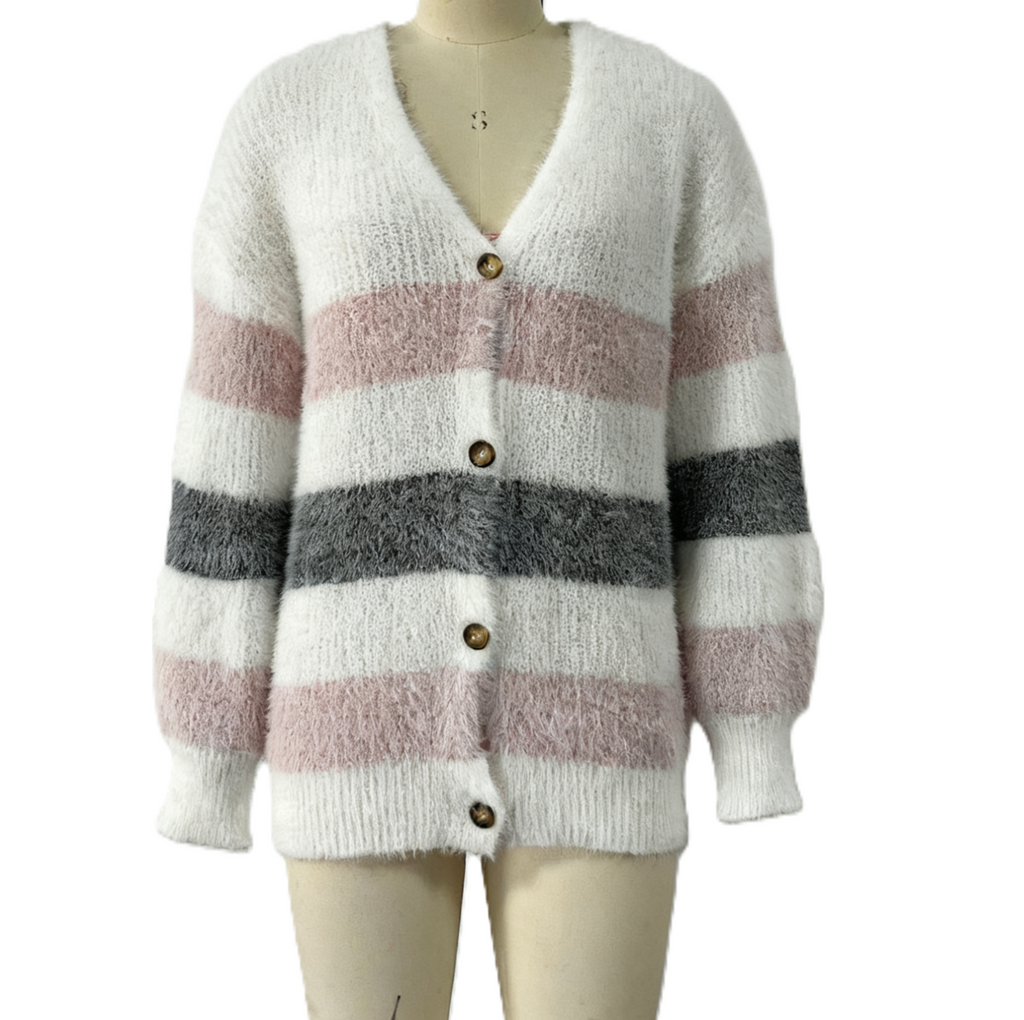 Fuzzy Striped V Neck Button Cardigan - Pink - 1