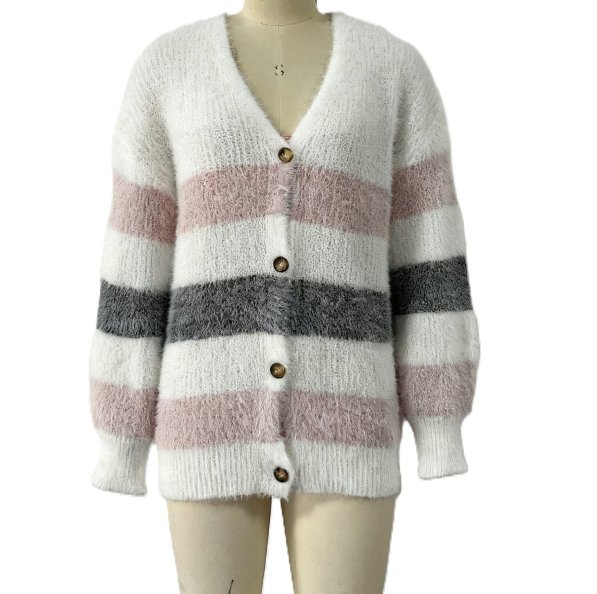 Fuzzy Striped V Neck Button Cardigan - Pink - 1
