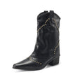 Studded Western Fold Over Mid Calf Boots - Black