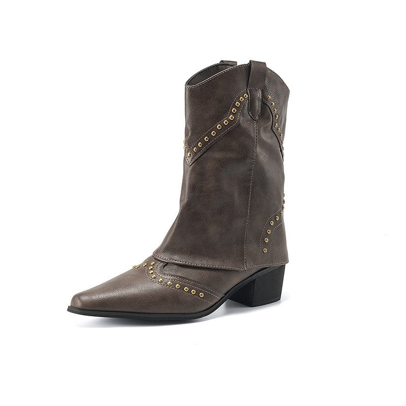 Studded Western Fold Over Mid Calf Boots - Taupe