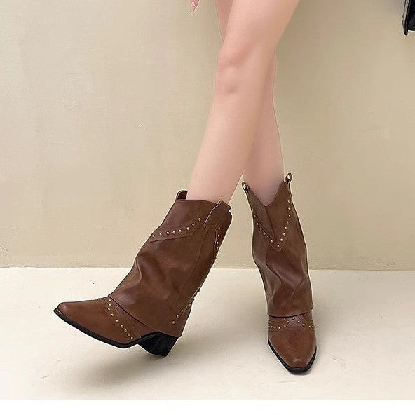 Studded Western Fold Over Mid Calf Boots