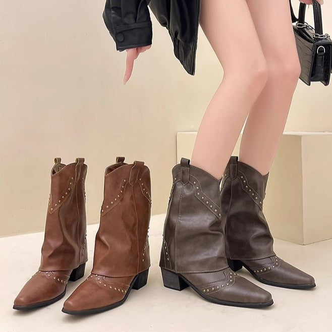 Studded Western Fold Over Mid Calf Boots