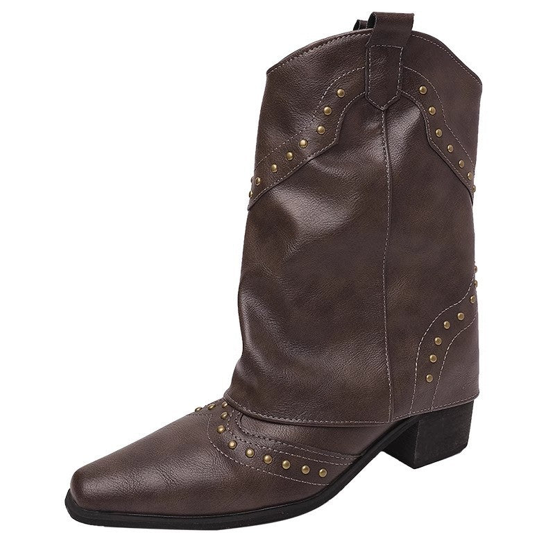 Studded Western Fold Over Mid Calf Boots