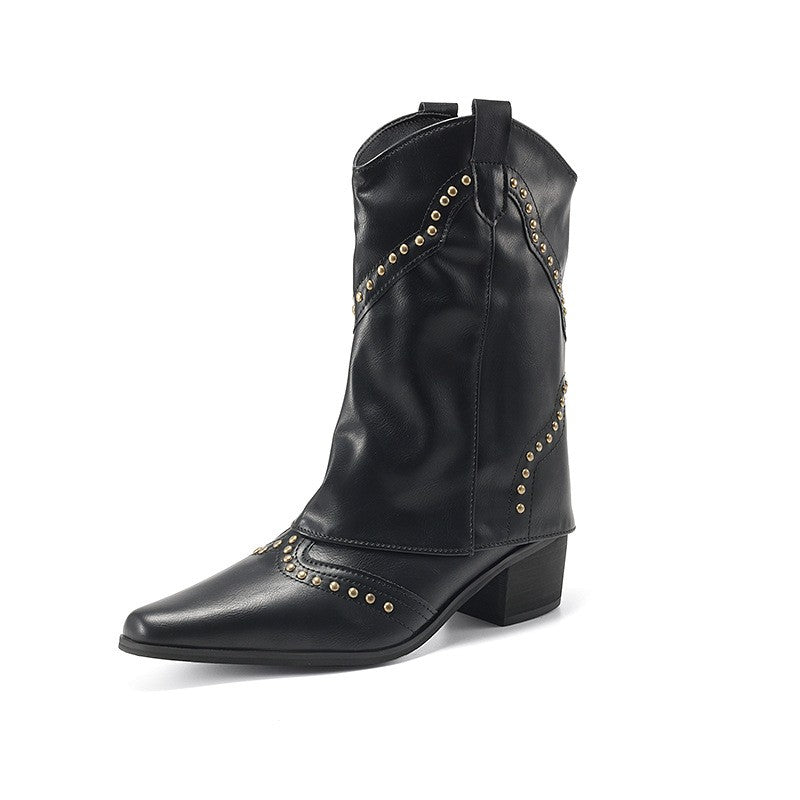 Studded Western Fold Over Mid Calf Boots