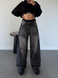 Baggy Wide Leg Faded Wash Jeans - Black
