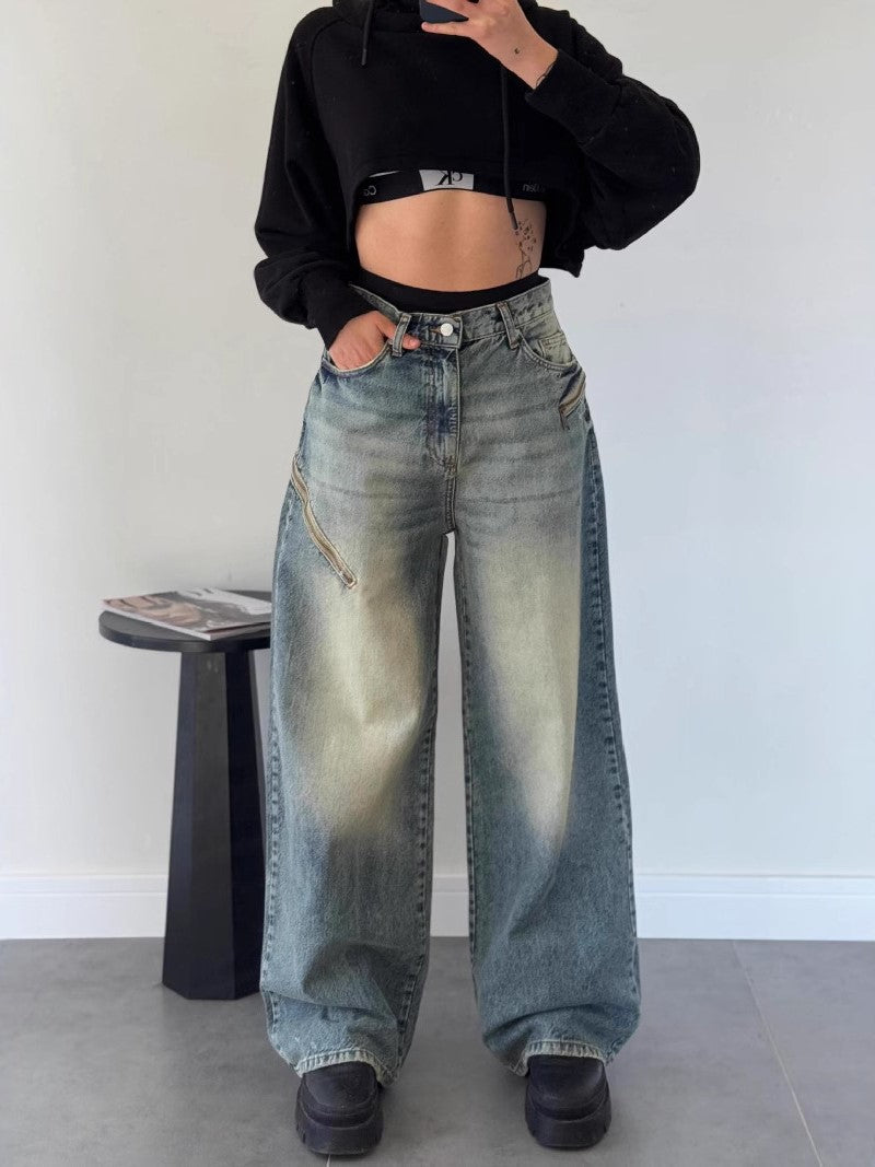 Baggy Wide Leg Faded Wash Jeans - Blue