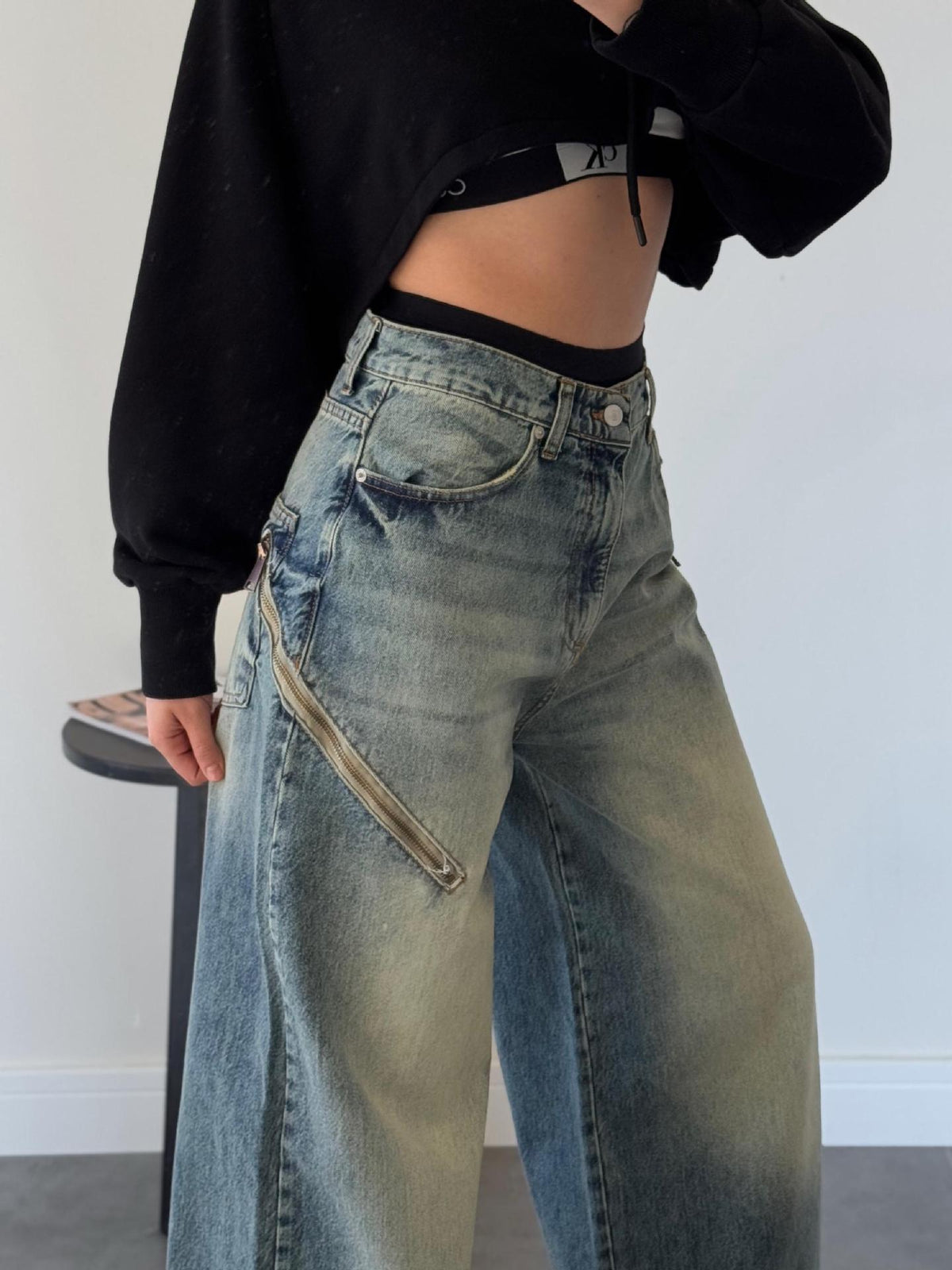 Baggy Wide Leg Faded Wash Jeans - Blue - 2