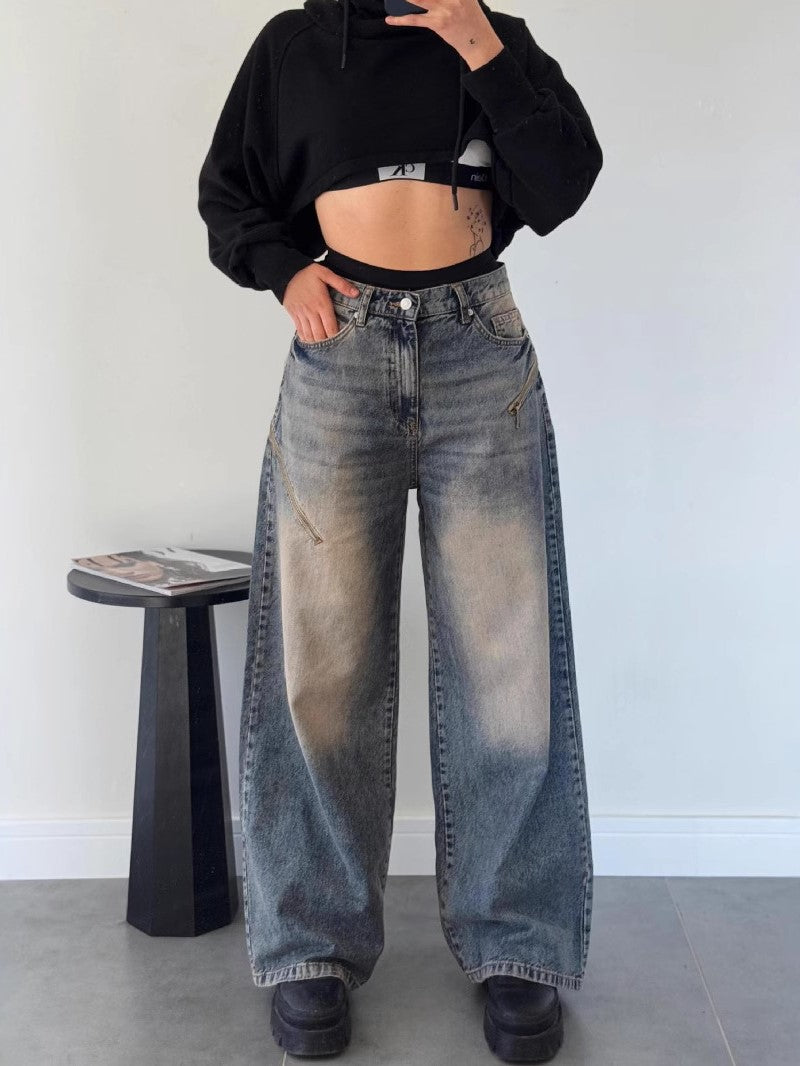 Baggy Wide Leg Faded Wash Jeans - DarkBlue