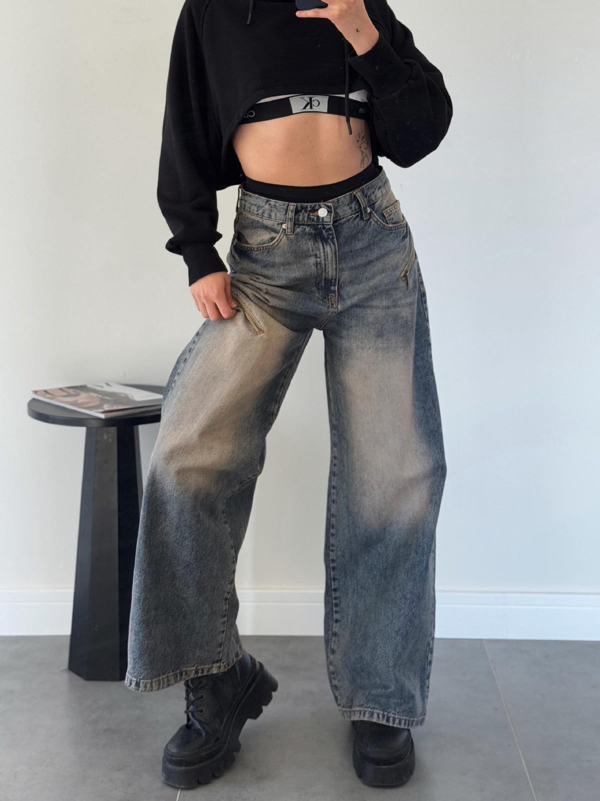 Baggy Wide Leg Faded Wash Jeans - DarkBlue - 1