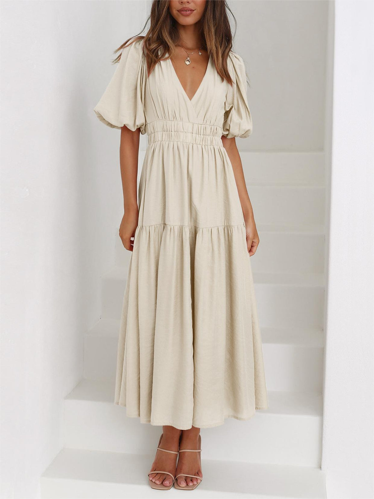 Puff Sleeve Tiered Maxi Dress - Apricot