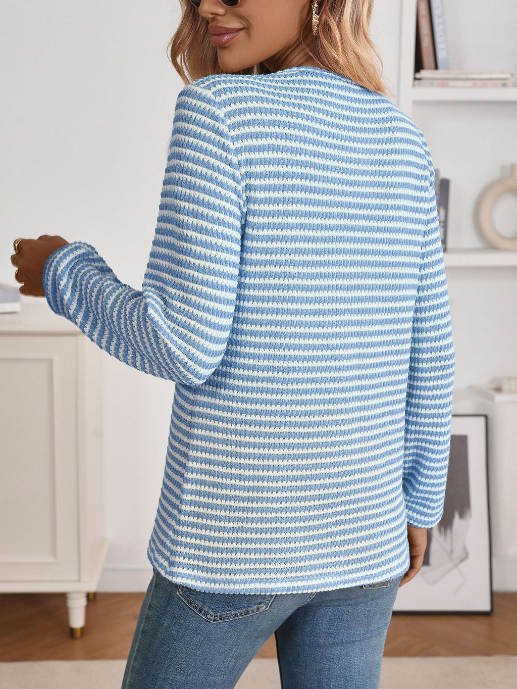 Striped Textured Henley Button Neck Top - Blue - 1
