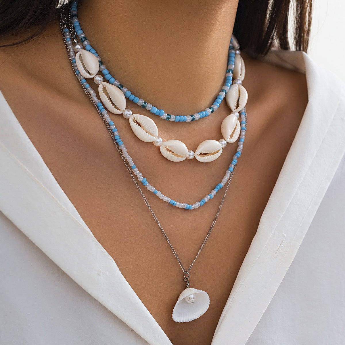 Layered Pearl Cowrie Shell Necklace Set - Color_03
