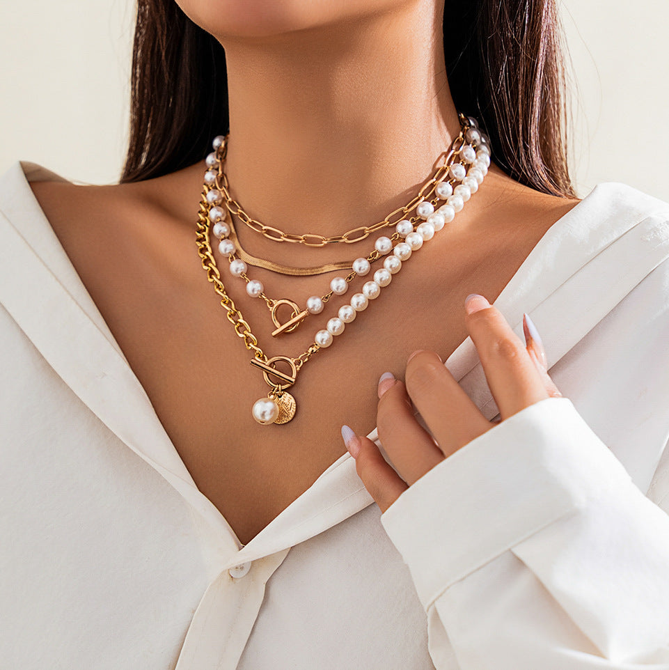 Layered Pearl Cowrie Shell Necklace Set - Color_04
