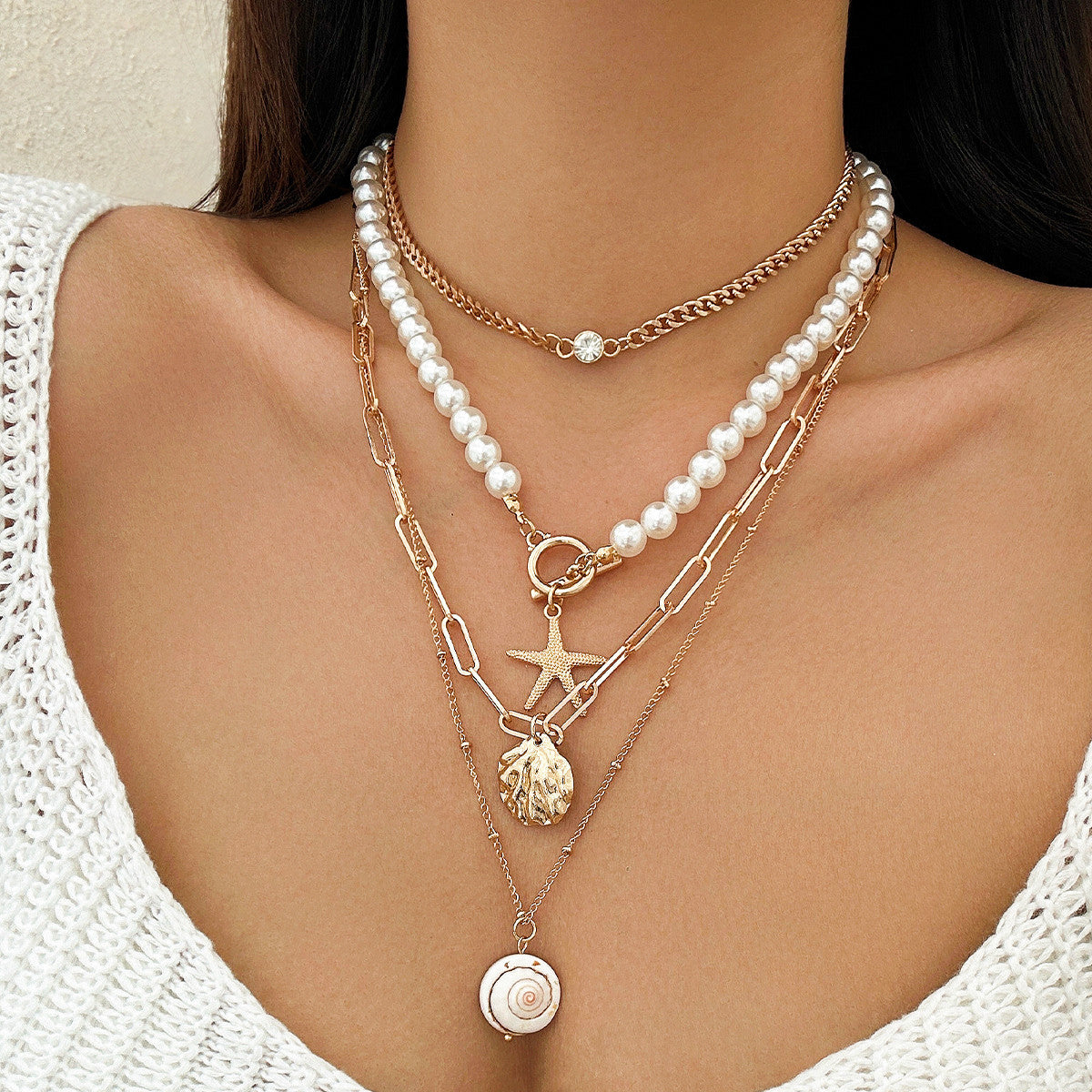 Layered Pearl Cowrie Shell Necklace Set - Color_05