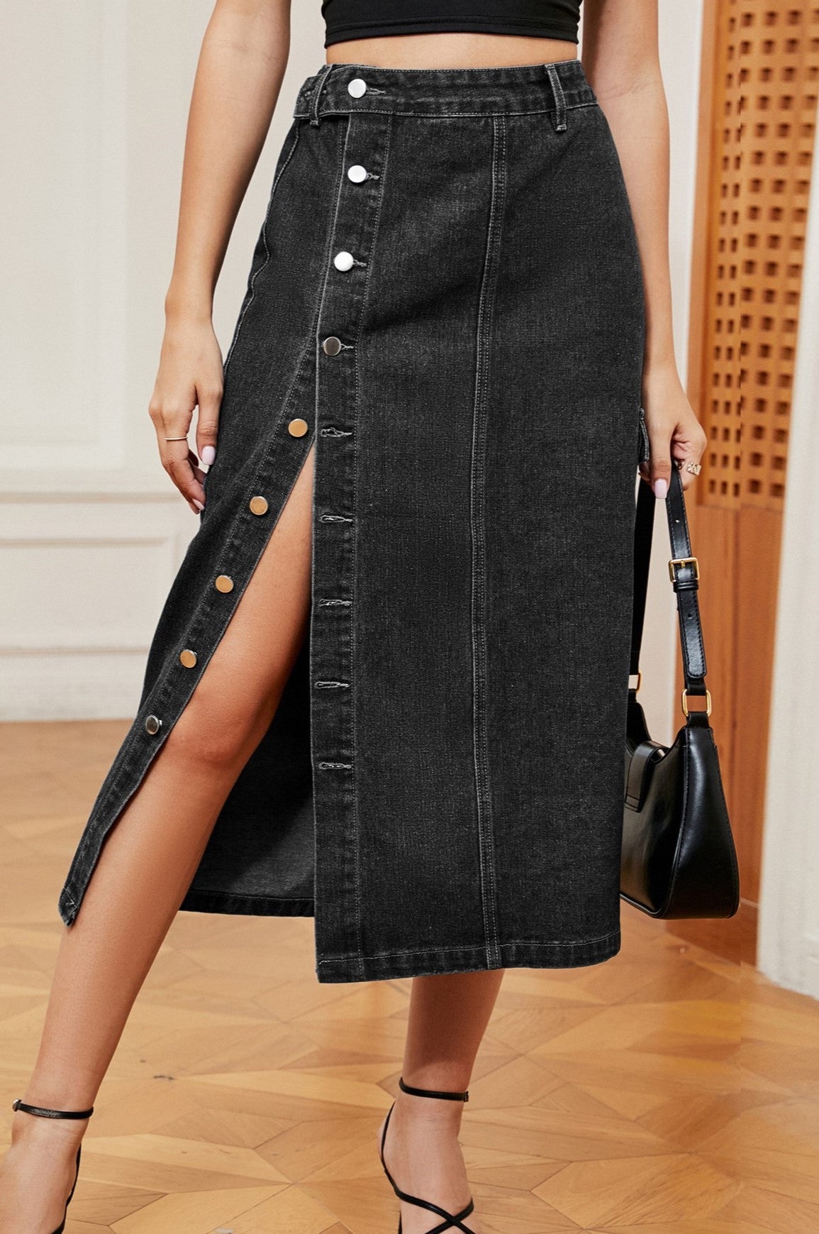 Button Slit Cargo Pocket Denim Midi Skirt - Black