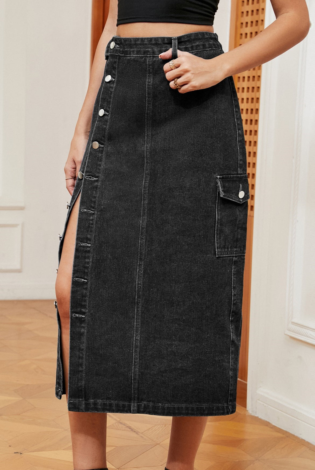 Button Slit Cargo Pocket Denim Midi Skirt - Black - 1