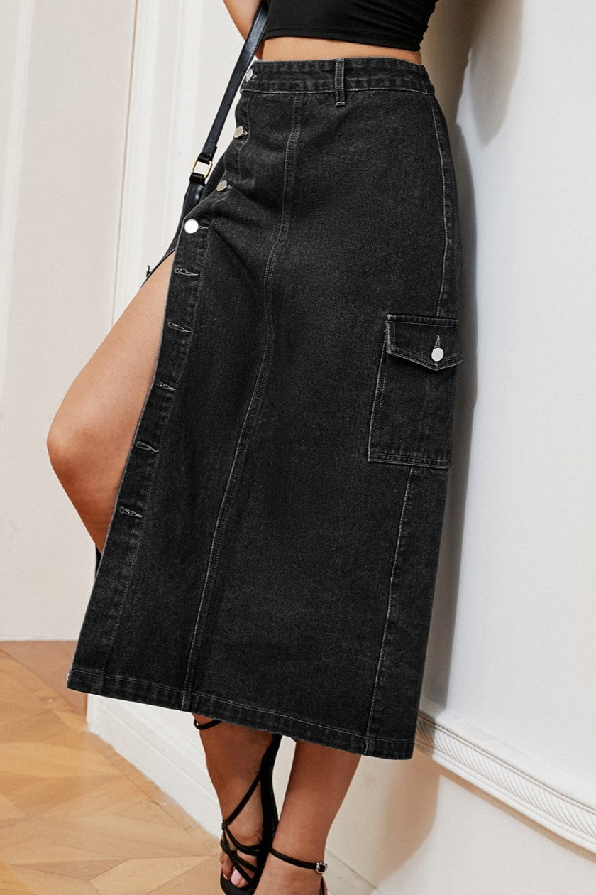 Button Slit Cargo Pocket Denim Midi Skirt - Black - 2
