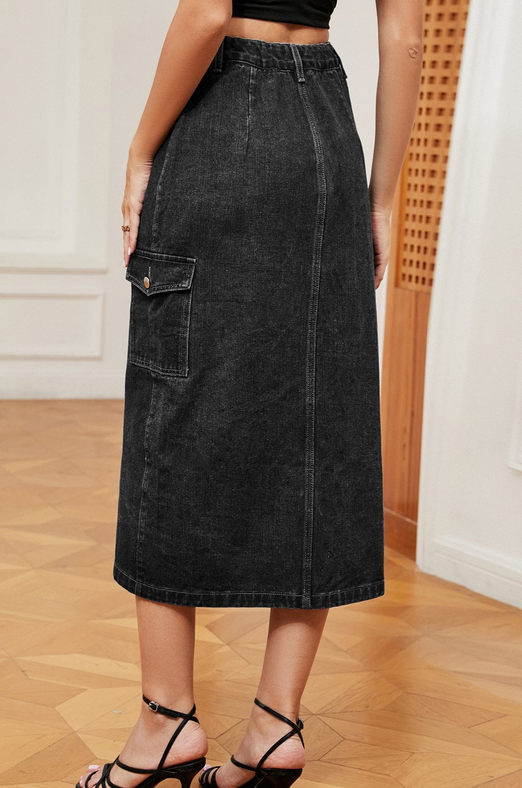Button Slit Cargo Pocket Denim Midi Skirt - Black - 3