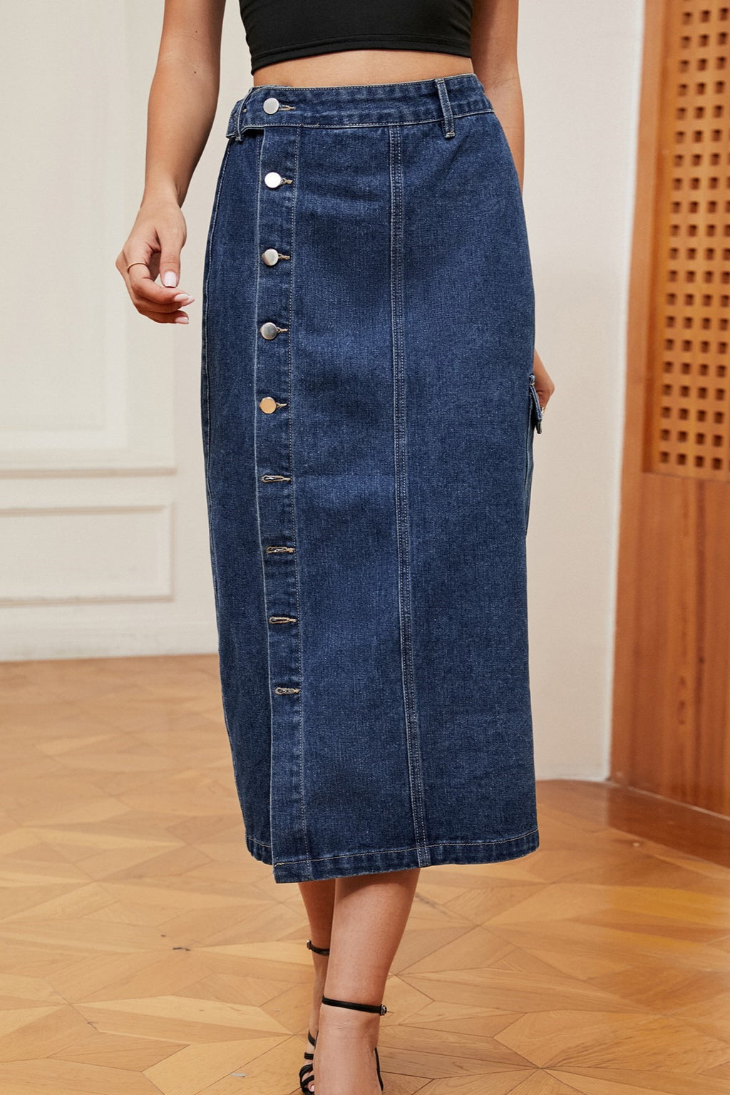 Button Slit Cargo Pocket Denim Midi Skirt - Blue