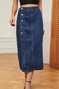 Button Slit Cargo Pocket Denim Midi Skirt - Blue