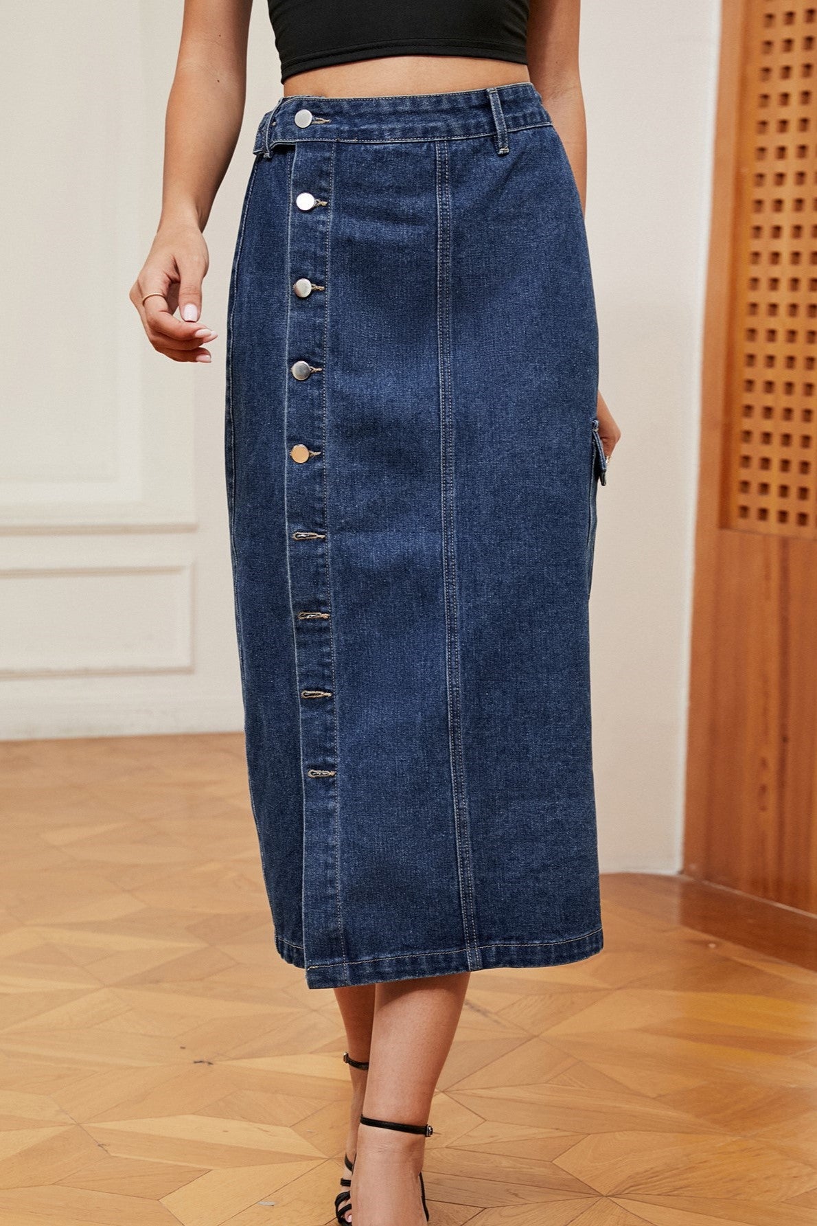 Button Slit Cargo Pocket Denim Midi Skirt - Blue